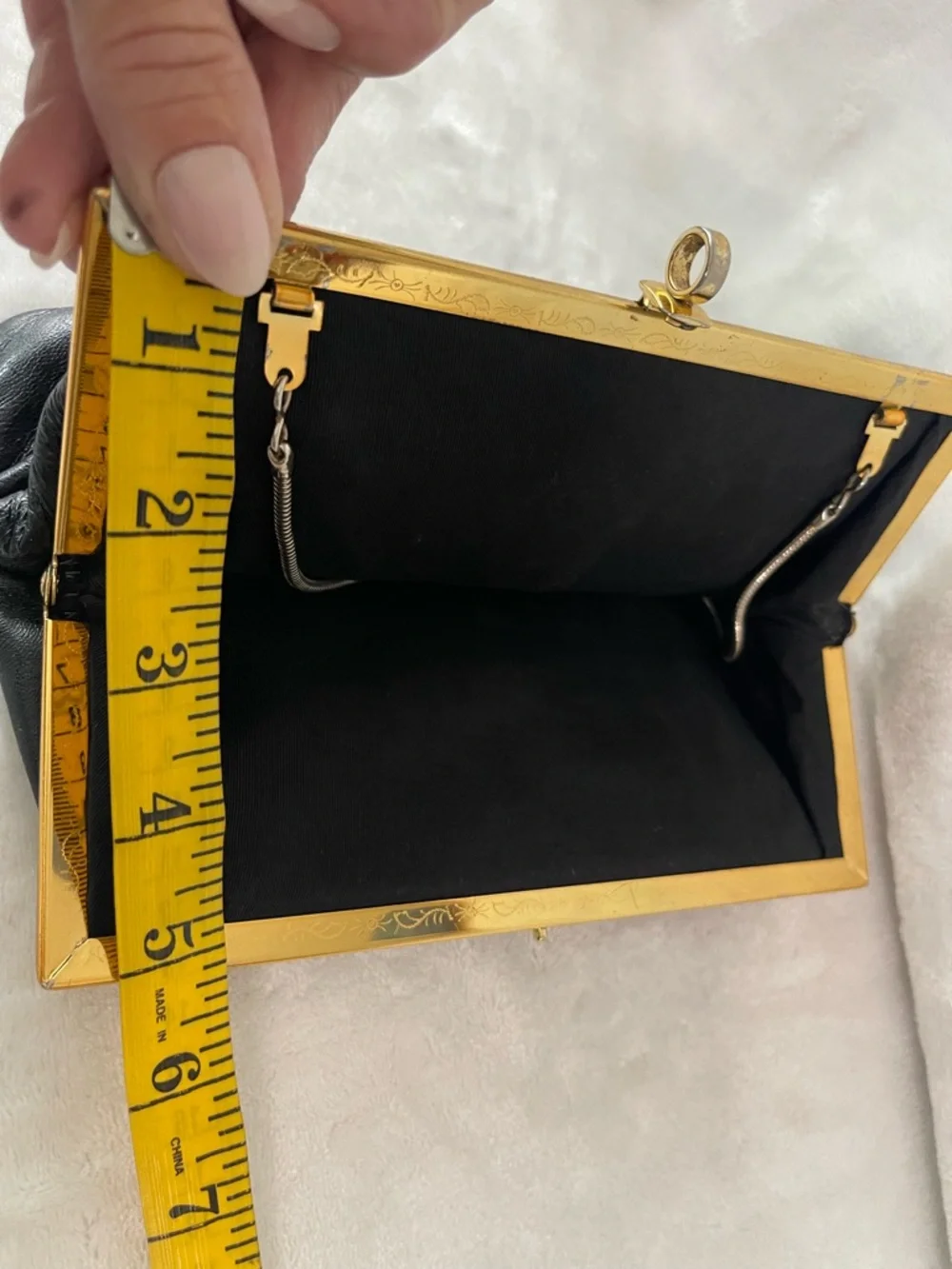 Vintage Etra Genuine leather black clutch hand bag purse gold with filigree